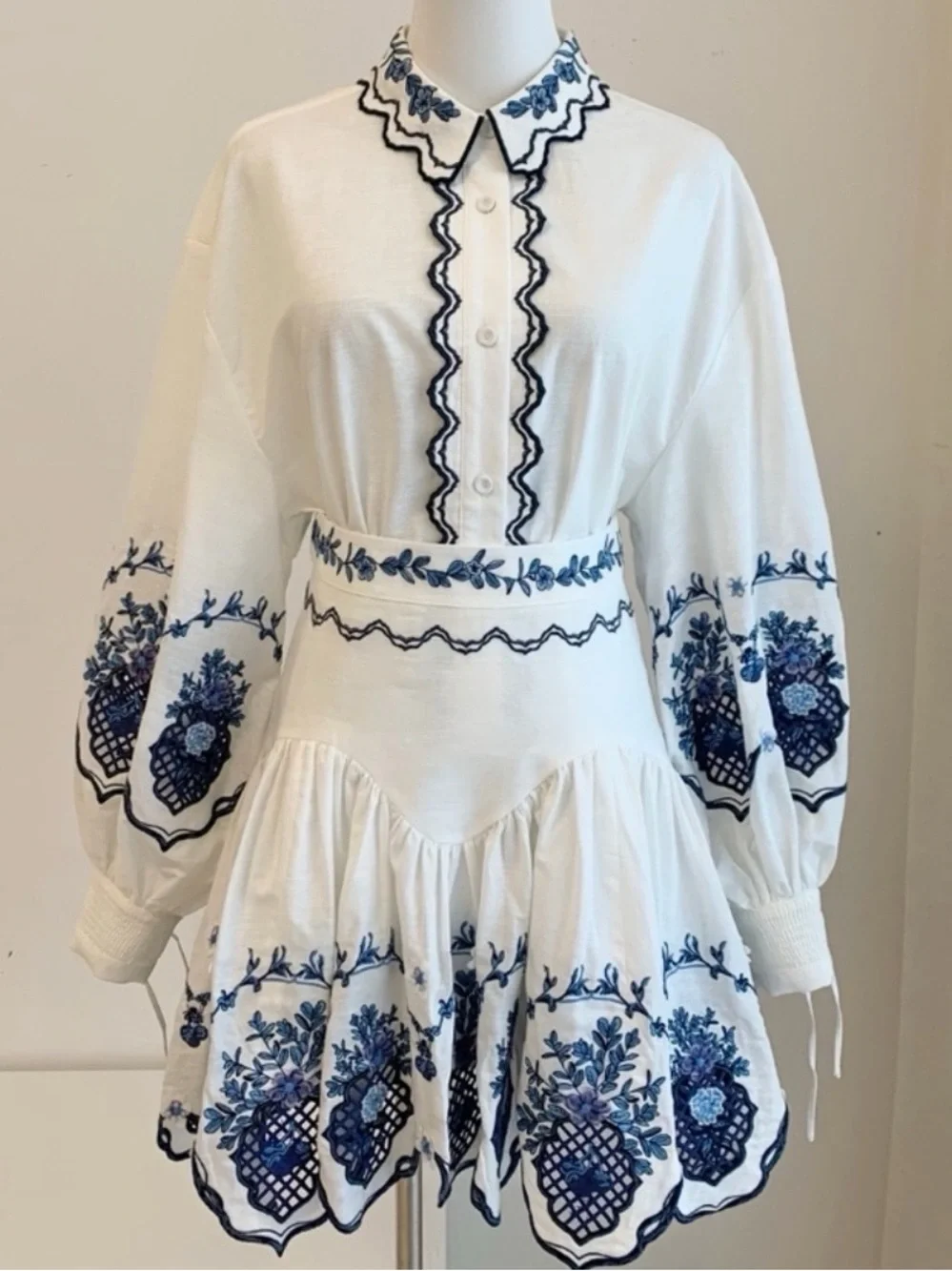 Agua Bendita White & Blue Embroidered  Skirt